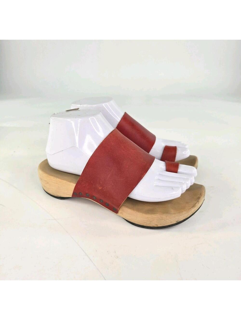 Trippen Plant Wooden Clogs US 7.5 Womens Red Leather Toe Loop Sandals Shoes